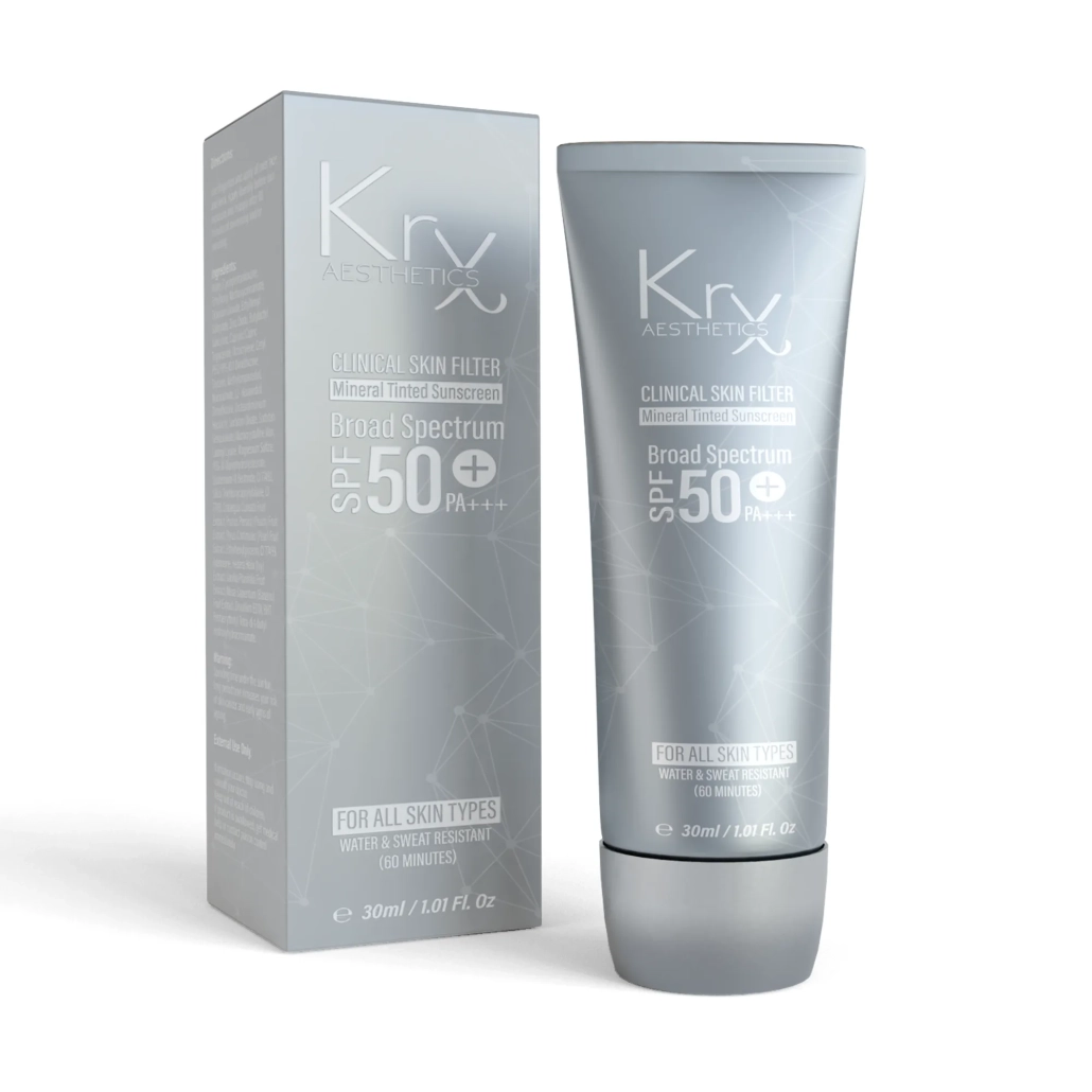 getinte zonnebrand SPF50, tinted sunscreen gezicht, KRX SPF50, zonnebrand met kleur, egaliserende SPF, dagelijkse zonbescherming gezicht, pigmentvlekken voorkomen, natuurlijke glow huid, SPF met dekking