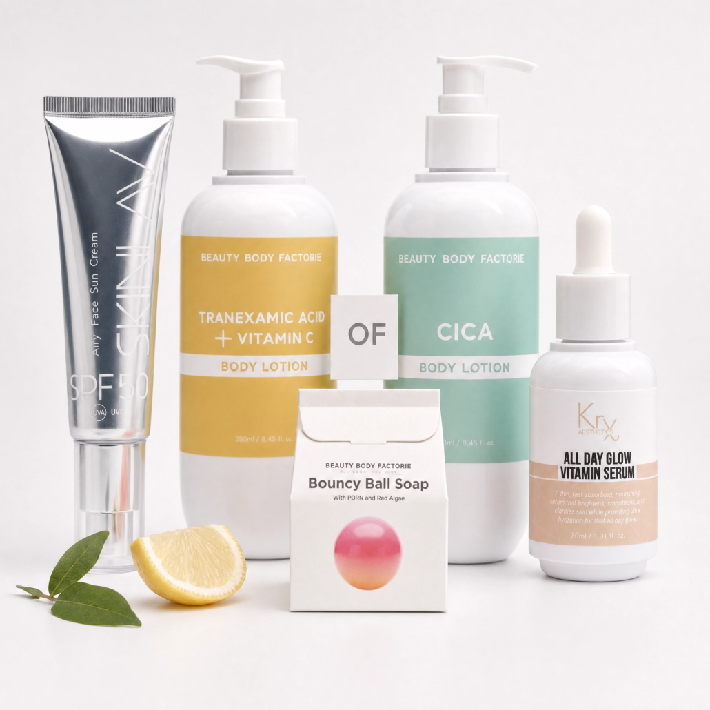 Summer Essentials Skincare Pakket met Skinlav SPF50, KRX Body Lotions, Bouncy Ball Soap en Vitamin Serum – Korean skincare vakantie set bij Sarkisian Skin Institute Schilde